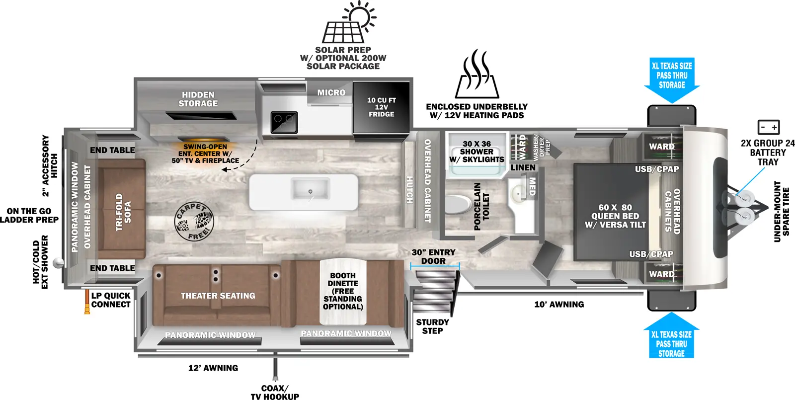 The Heritage Glen Travel Trailers 271RL has one entry and two slide outs. Exterior features include: fiberglass exterior and 10' & 12' awning. Interiors features include: kitchen island, free-standing dinette option, front bedroom and rear living.